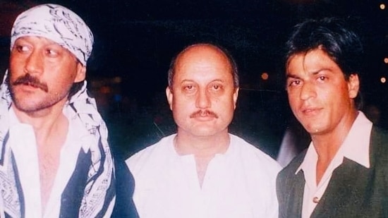 A throwback picture of Jackie Shroff, Anupam Kher and Shah Rukh Khan. 