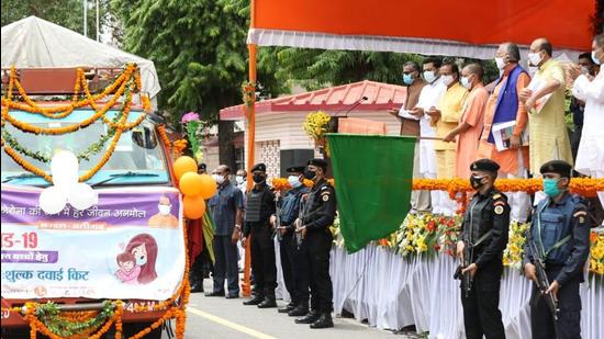 In the first phase, the vehicles flagged off by UP CM Yogi Adityanath will transport 17 lakh medical kits to 75 districts. Sourced Photo