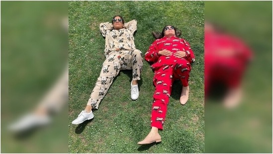 In this image, both Masaba and Neena donned printed attires from the designer's label. They wore hooded sweatshirts and comfy joggers with OTT patterns on them and looked uber cool.(Instagram/@masabagupta)