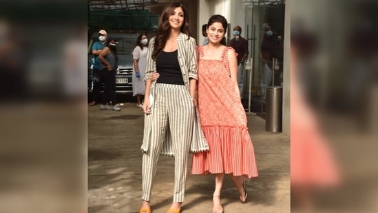 Like Shilpa, Shamita Shetty also chose a printed attire for the outing, She wore a breezy summer dress that had a mix of stripe and floral details.(Varinder Chawla)