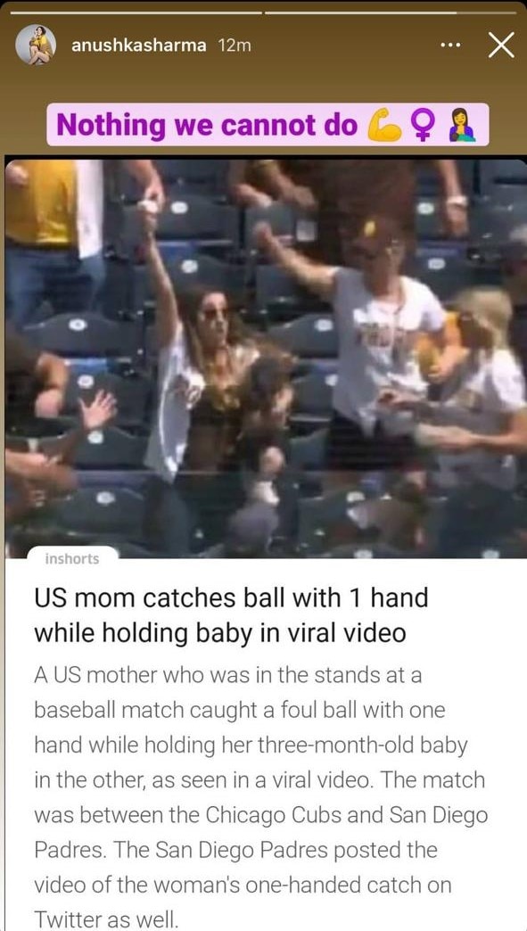 Anushka Sharma shares a news clip about the woman who made the one-hand catch.