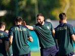 Italy goalkeeper Gianluigi Donnarumma with teammates during a training session Italy goalkeeper Gianluigi Donnarumma with teammates during a training session