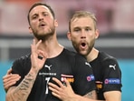 Austria's Marko Arnautovic celebrates scoring their third goal against North Macedonia