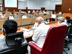 Karnataka Chief Minister B. S. Yediyurappa along with Deputy Chief Ministers Govind Karjol and Laxman Savadi addresses a Covid review meeting, at Suvarna Vidhana Soudha in Belgaum. (ANI Photo) Karnataka Chief Minister B. S. Yediyurappa along with Deputy Chief Ministers Govind Karjol and Laxman Savadi addresses a Covid review meeting, at Suvarna Vidhana Soudha in Belgaum. (ANI Photo)
