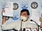 AAP MP Sanjay Singh released new documents claiming that the earlier agreement over the Ram Temple land was cancelled before the new deal was sealed. (ANI) AAP MP Sanjay Singh released new documents claiming that the earlier agreement over the Ram Temple land was cancelled before the new deal was sealed. (ANI)