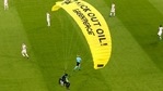Greenpeace member used a powered paraglider with a motor attached to his back to land on the pitch.(TWITTER) Greenpeace member used a powered paraglider with a motor attached to his back to land on the pitch.(TWITTER)