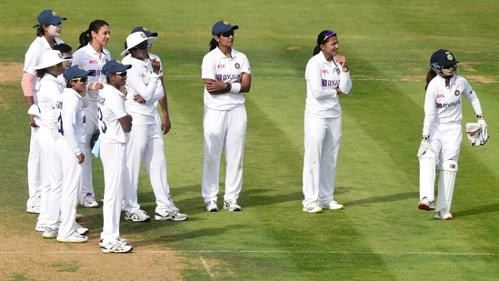 India players watch a review for the wicket of England's Heather Knight(REUTERS)