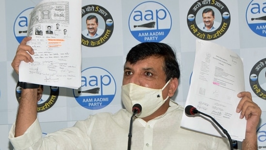 AAP MP Sanjay Singh released new documents claiming that the earlier agreement over the Ram Temple land was cancelled before the new deal was sealed. (ANI)