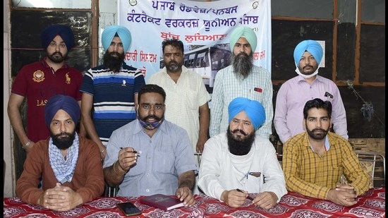The union representatives addressing a press conference at the bus stand in Ludhiana on Wednesday. (Harsimar Pal Singh/HT)