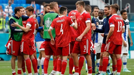 Russia's players celebrate after the final whistle(AP)