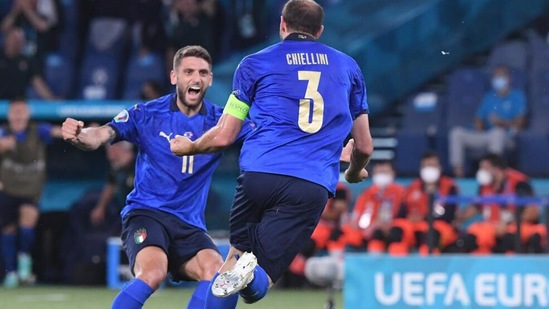Italy captain Giorgio Chiellini found the back of the net but it was disallowed because he the VAR found him guilty of a handball in the buildup. Soon after, Chiellini was subbed off due to a potential hamstring injury. (UEFA EURO)