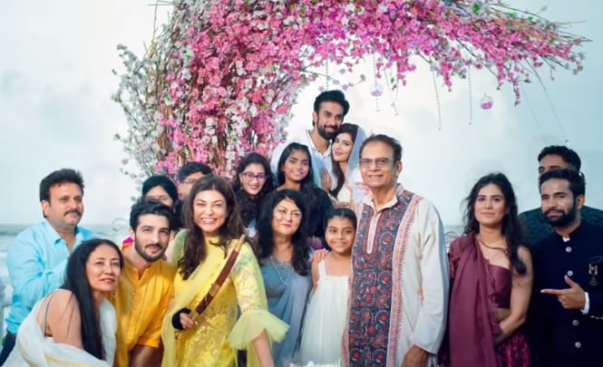 Rajeev Sen and Charu Asopa pose with family and friends at their wedding ceremony in Goa.