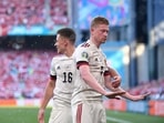 Belgium's Kevin De Bruyne celebrates scoring their second goal with Thorgan Hazard.