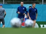Slovakia defenders Denis Vavro (L) and Tomas Hubocan during training session
