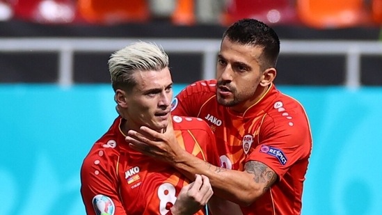 Soccer Football - Euro 2020 - Group C - Ukraine v North Macedonia - National Arena, Bucharest, Romania - June 17, 2021 North Macedonia's Ezgjan Alioski celebrates scoring their first goal (Pool via REUTERS)