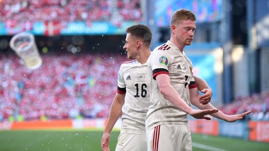 Belgium's Kevin De Bruyne celebrates scoring their second goal. (Pool via REUTERS)
