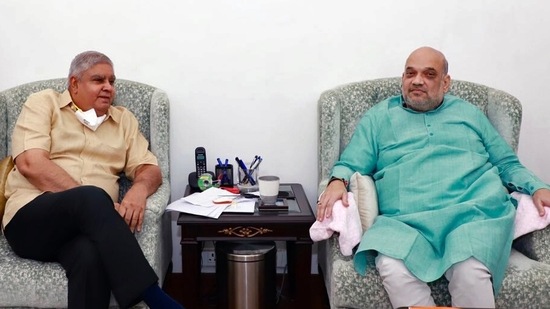 Bengal governor Jagdeep Dhankhar with Union home minister Amit Shah in New Delhi on Thursday. Dhankhar is learnt to have briefed Shah about the law and order situation in the state. (ANI Photo)