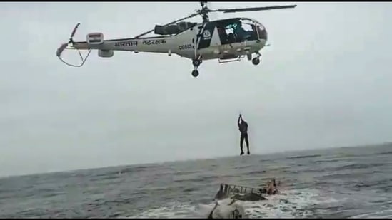 In a daredevil sea-air coordinated operation in inclement weather and rough sea conditions, Indian Coast Guard (ICG) 2 Chetak Helicopters ex-Daman and Ship Subhadra Kumari Chauhan rescued 16 crew from Barge MV Mangalam reported aground off Revdanda. All crew safe. (PTI Photo) In a daredevil sea-air coordinated operation in inclement weather and rough sea conditions, Indian Coast Guard (ICG) 2 Chetak Helicopters ex-Daman and Ship Subhadra Kumari Chauhan rescued 16 crew from Barge MV Mangalam reported aground off Revdanda. All crew safe. (PTI Photo)