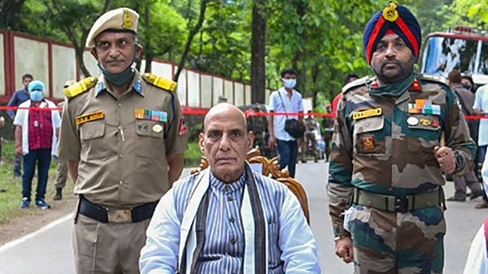 Defence Minister Rajnath Singh (C) during e-launch of roads built by Border Roads Organisation (BRO) in the Northern and Eastern border areas, in Lakhimpur district. (PTI Photo) Defence Minister Rajnath Singh (C) during e-launch of roads built by Border Roads Organisation (BRO) in the Northern and Eastern border areas, in Lakhimpur district. (PTI Photo)