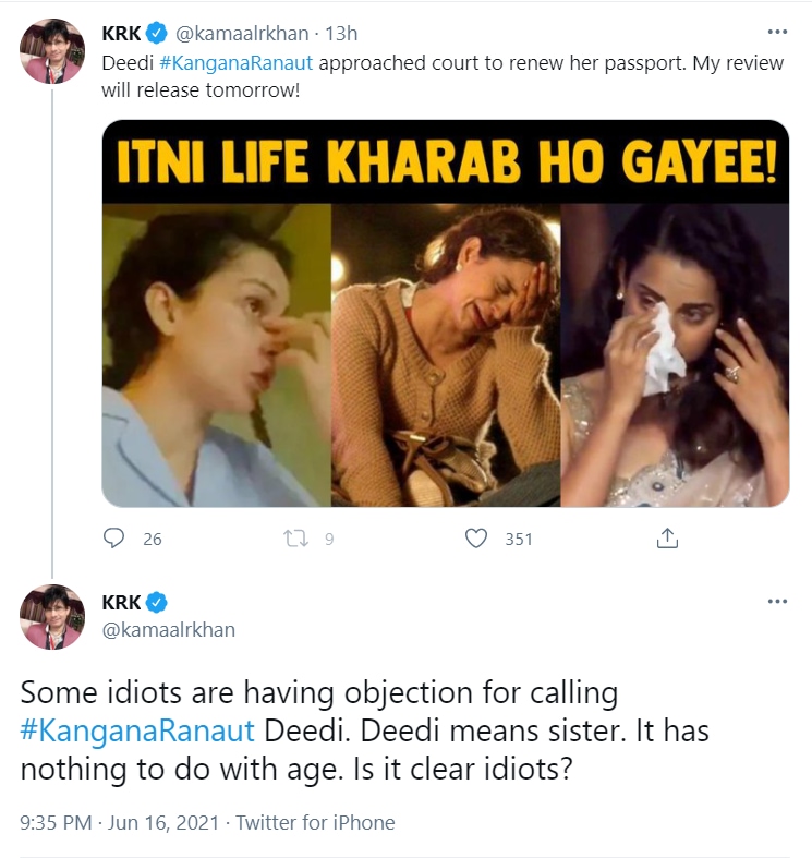 Kamaal R Khan aka KRK tweeted about Kangana Ranaut.
