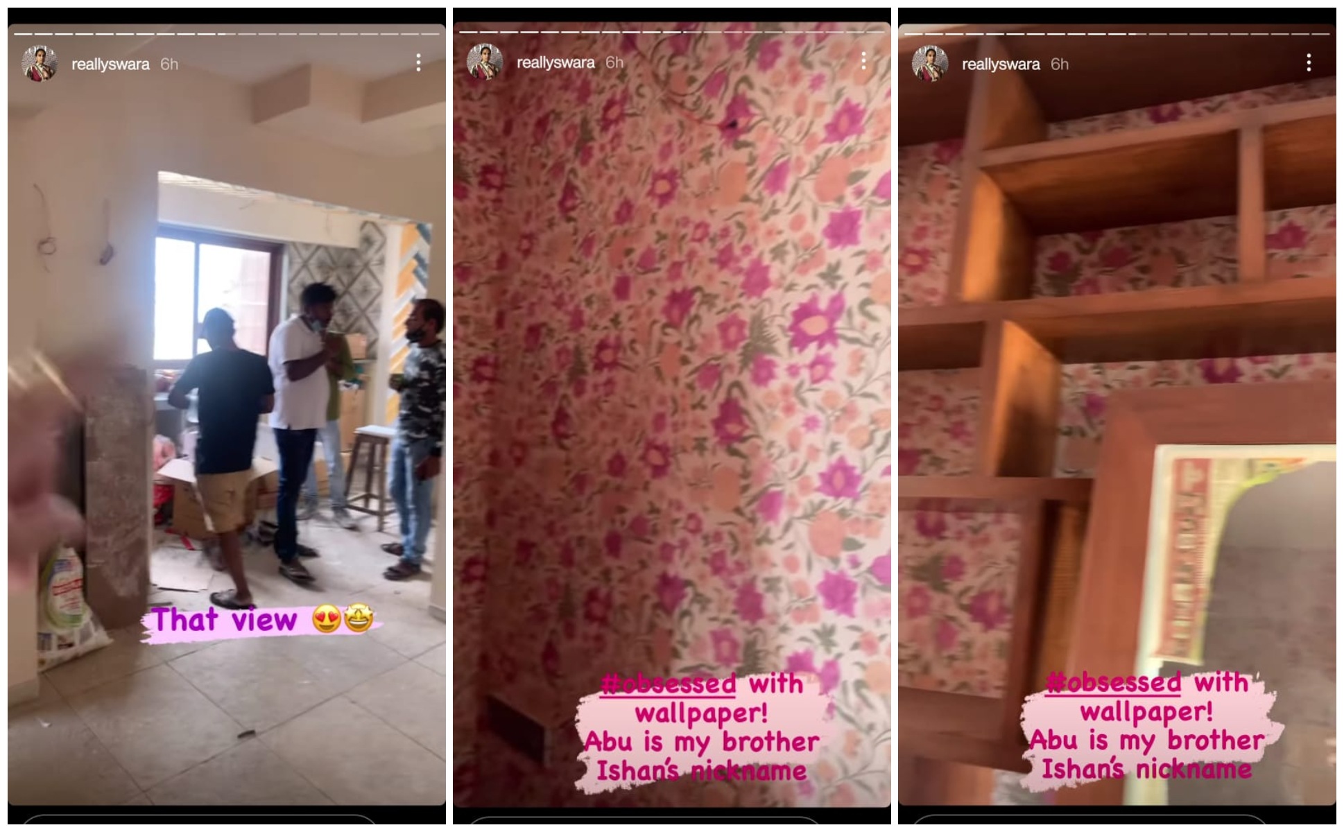 Swara Bhasker’s home has an open kitchen (pic 1) and a study with floral wallpaper and a wall-to-wall bookshelf (pics 2 and 3).