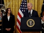 US President Joe Biden speaks prior to signing of the Juneteenth National Independence Day Act into law as Vice President Kamala Harris stands by in the East Room of the White House in Washington, U.S. June 17, 2021. 