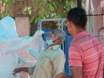 A person being tested for Covid-19 at Kanwatiya Hospital, in Jaipur, Rajasthan, India. (Photo by Himanshu Vyas/ Hindustan Times)