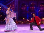 Madhuri Dixit performs with Jaaved Jaaferi on an episode of Dance Deewane 3. 