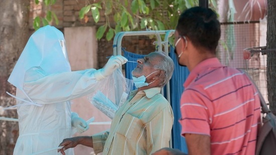 A person being tested for Covid-19 at Kanwatiya Hospital, in Jaipur, Rajasthan, India. (Photo by Himanshu Vyas/ Hindustan Times) A person being tested for Covid-19 at Kanwatiya Hospital, in Jaipur, Rajasthan, India. (Photo by Himanshu Vyas/ Hindustan Times)