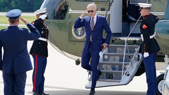 President Joe Biden salutes as he exits Marine One as he arrives at Delaware Air National Guard Base, Friday, June 18, 2021, in New Castle, Del. (AP) President Joe Biden salutes as he exits Marine One as he arrives at Delaware Air National Guard Base, Friday, June 18, 2021, in New Castle, Del. (AP)
