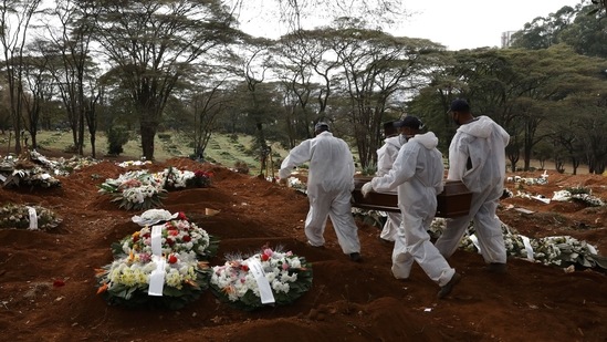 Cemetery workers in protective suits carry the coffin of a Covid-19 victim to be buried at Vila Formosa cemetery on June 17 in Sao Paulo, Brazil. Hospitals in Bolivia, Chile and Uruguay are largely seeing Covid-19 patients between the ages of 25 and 40 as the trend toward younger patients continued. In Brazil's Sao Paulo, 80% of intensive care units (ICU) occupants are Covid-19 patients.(Rodrigo Paiva / Getty Images)
