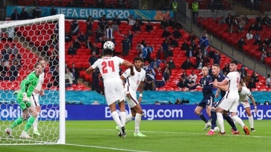 England's Reece James saves a ball during the Euro 2020 soccer championship group D match.(AP)