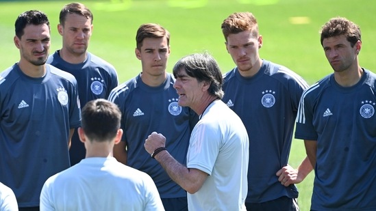 Germany's national coach Joachim Low speaks to the team during training at Herzogenaurach(AP) Germany's national coach Joachim Low speaks to the team during training at Herzogenaurach(AP)