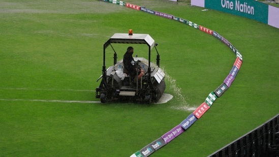 A super sopper is used to remove water after rain-delayed start of the first day of the World Test Championship final cricket match between New Zealand and India(AP)