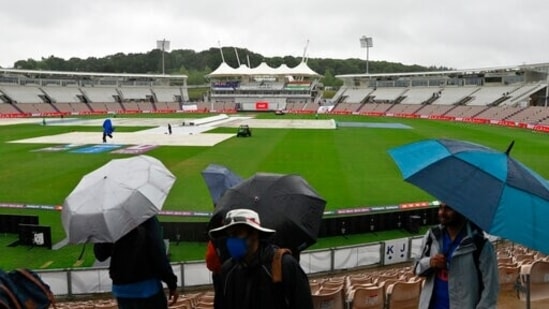 The pitch area is seen covered as it rains ahead of the first day of the World Test Championship final(AP)