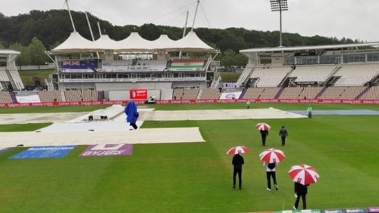 Match officials inspect the pitch and the ground at Rose Bowl stadium in Southampton ahead of start of play on day 1 of World Test Championship Final.(Twitter/BCCI)