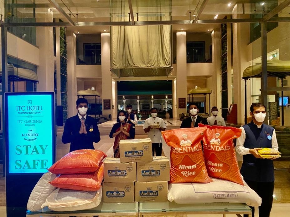 Bengaluru’s ITC Gardenia sent 1,500 kg of rice, 900 kg of dal and 150 litres of oil to kitchens set up to feed the hungry. Bengaluru’s ITC Gardenia sent 1,500 kg of rice, 900 kg of dal and 150 litres of oil to kitchens set up to feed the hungry.