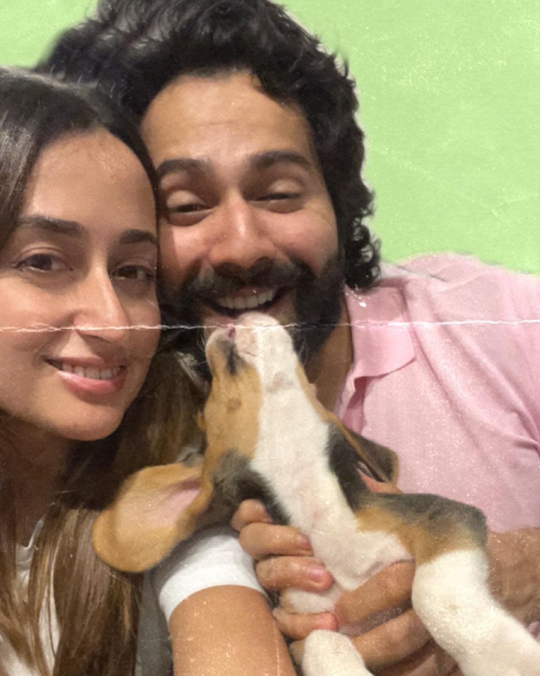 Varun Dhawan and Natasha Dalal posed with their dog.
