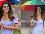 Kate Middleton pairs <span class='webrupee'>₹</span>23k lavender bodycon shift dress with a rainbow umbrella(Instagram/@theduchess_kate) Kate Middleton pairs <span class='webrupee'>₹</span>23k lavender bodycon shift dress with a rainbow umbrella(Instagram/@theduchess_kate)
