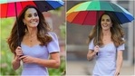 Kate Middleton pairs <span class='webrupee'>₹</span>23k lavender bodycon shift dress with a rainbow umbrella(Instagram/@theduchess_kate) Kate Middleton pairs <span class='webrupee'>₹</span>23k lavender bodycon shift dress with a rainbow umbrella(Instagram/@theduchess_kate)