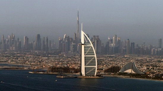 A view of the Burj Al Arab hotel and Burj Khalifa in Dubai, United Arab Emirates, June 9, 2021. (Reuters)