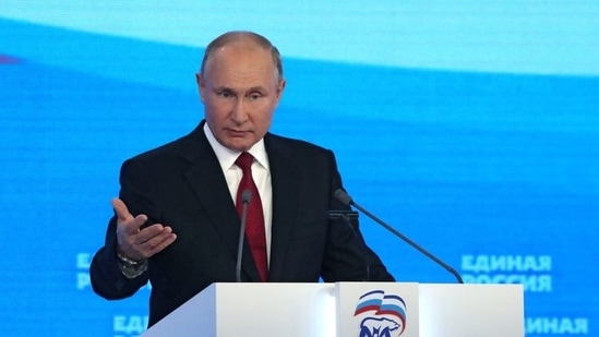 Russian President Vladimir Putin addresses the audience during the annual congress of the United Russia party in Moscow, Russia June 19, 2021. (Reuters)