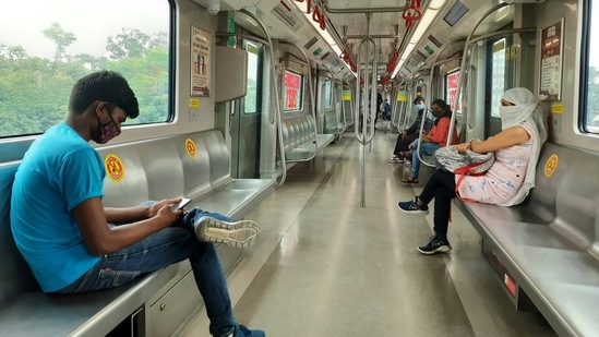 Commuters seen inside a metro coach in Uttar Pradesh .