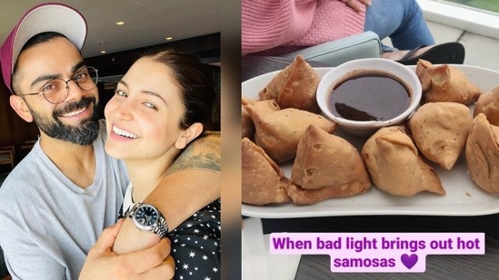 Anushka Sharma is cheering for husband Virat Kohli with some samosas by her side. 