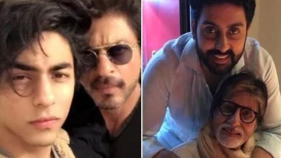 Aryan Khan with dad Shah Rukh Khan and Abhishek Bachchan with dad Amitabh Bachchan.