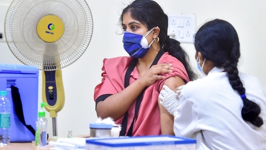 A student receives Covid-19 vaccine dose during a special vaccination drive organised by the Karnataka government. (PTI representative image)