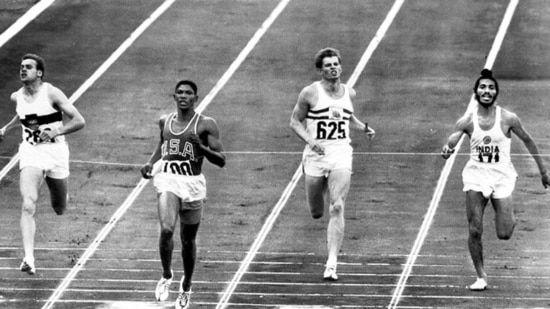 Otis Davis (second from left) and Milkha Singh during the men’s 400m semi-final at the 1960 Rome Olympics. Getty Images