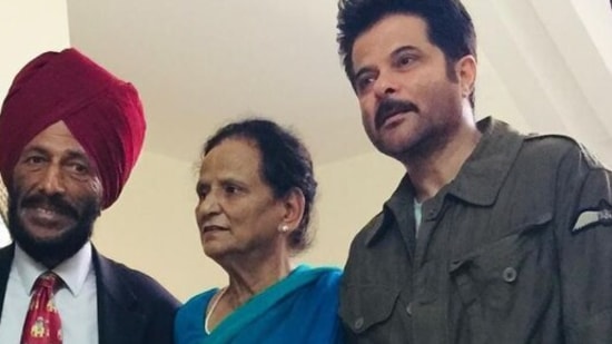 Anil Kapoor with late Milkha Singh and his wife Nirmal Kaur.