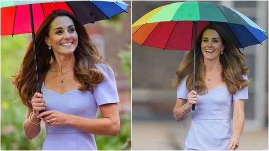 Kate Middleton pairs <span class='webrupee'>?</span>23k lavender bodycon shift dress with a rainbow umbrella(Instagram/@theduchess_kate)