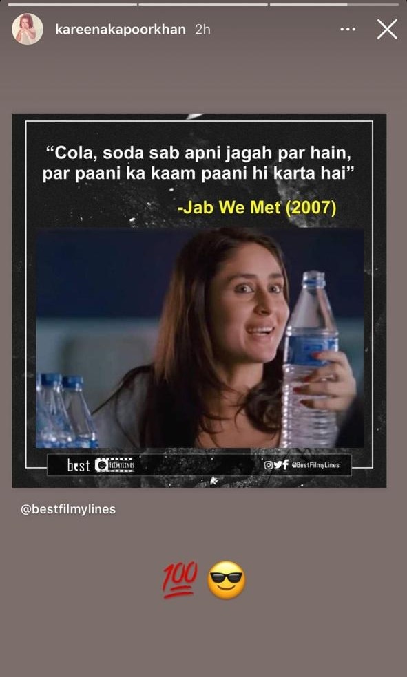 Kareena Kapoor shares a post featuring her dialogue from Jab We Met. Kareena Kapoor shares a post featuring her dialogue from Jab We Met.